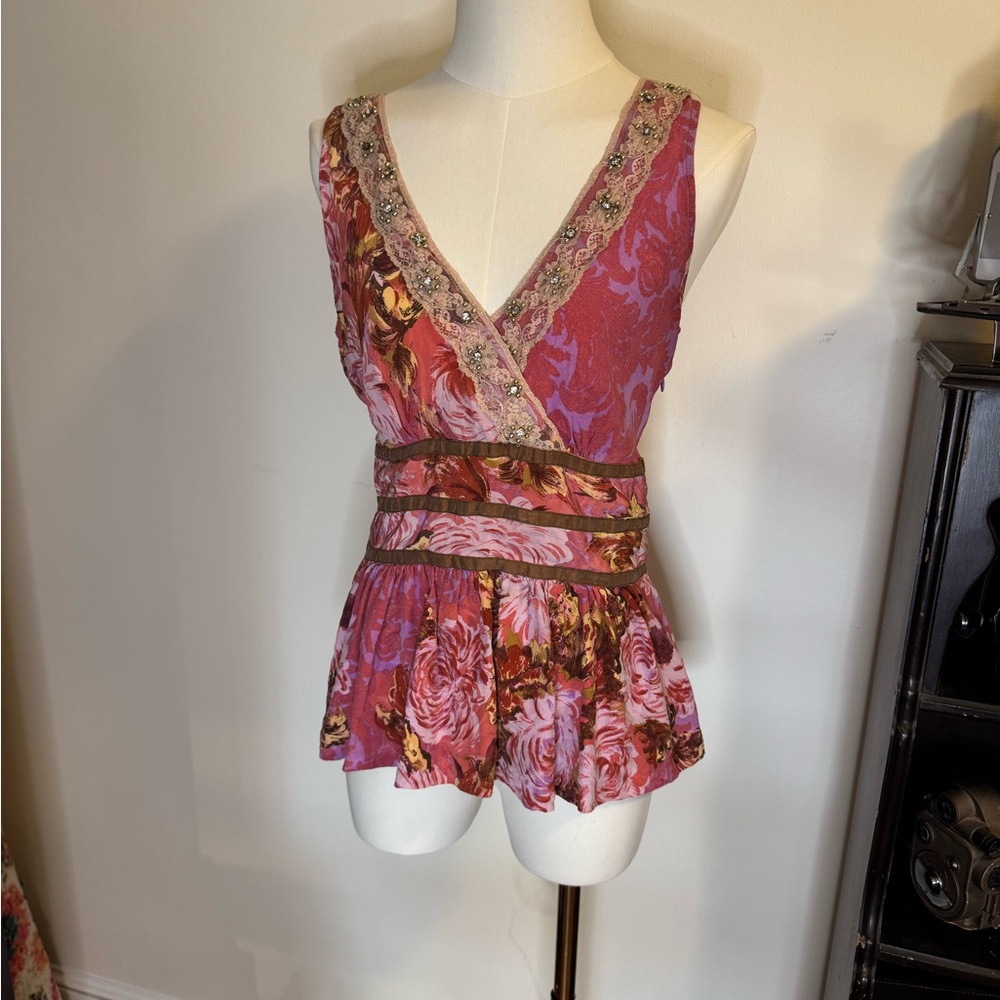 Anthropologie Silk Tracy Reese Floral V-Neck Sleeveless Peplum Top